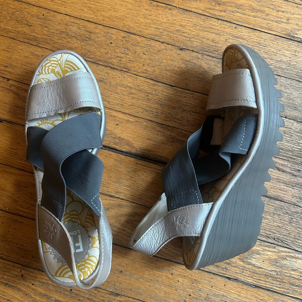 Fly London Gray and Black Wedge Sandals